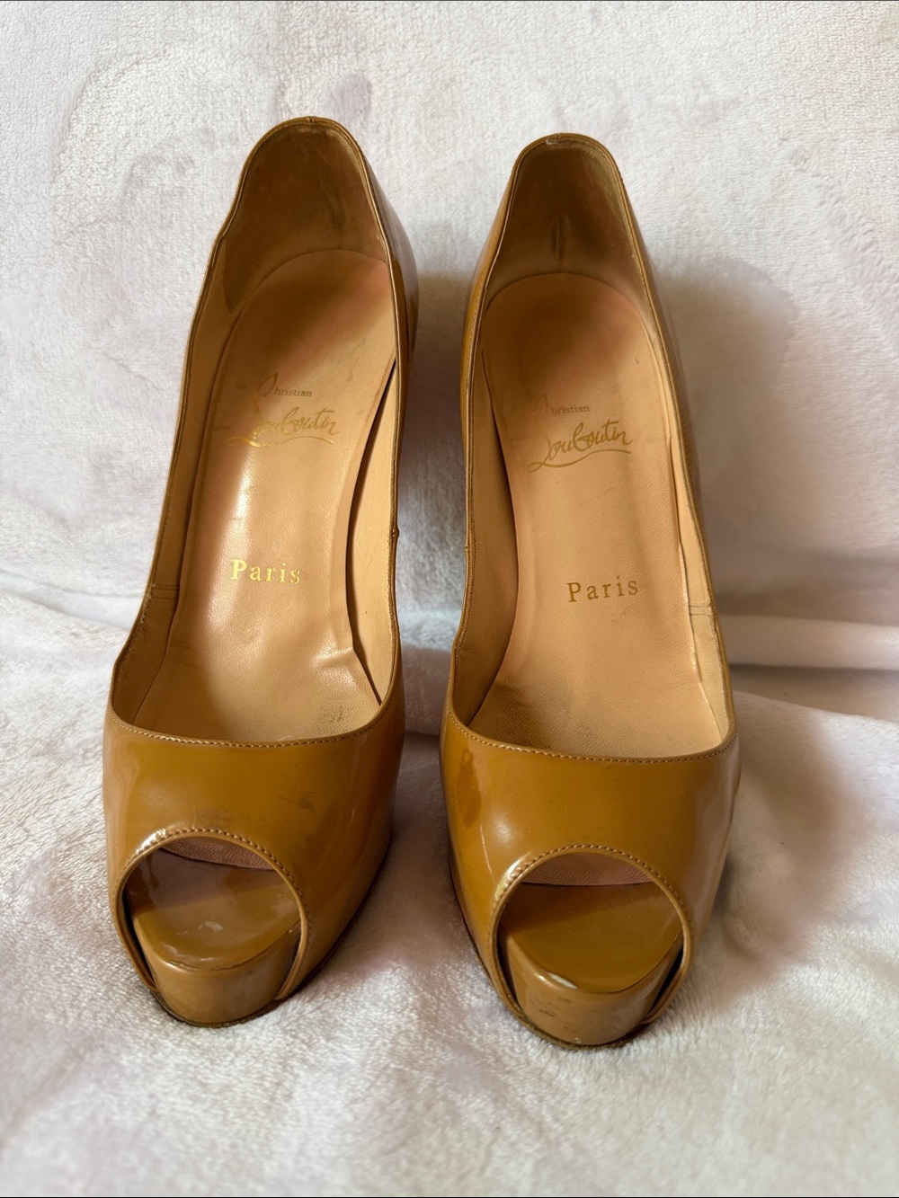 Christian Louboutin Mustard Patent Peep-Toe Pumps